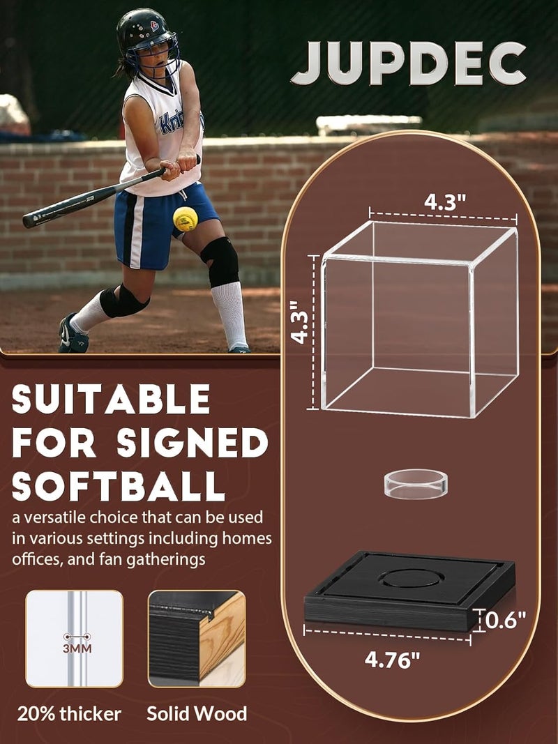 JupDec Softball Display Case Clear Acrylic Ball Holder, UV Protected Cube with Wood Base Stand, Championship Sports Collections Box Showcase, Black - Image 3